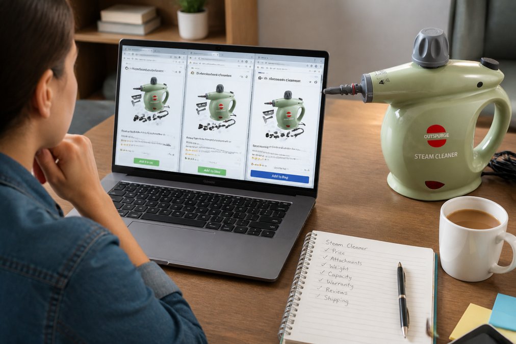 Budget-conscious shopper at home comparing items across multiple browser tabs on a laptop, with a cup of coffee and handwritten shopping notes on a desk beside the computer