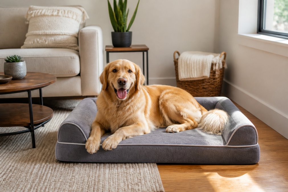 A large golden retriever relaxing on an orthopedic bed in a bright, modern living room with natural sunlight streaming through windows, showing the dog's comfortable positioning and the bed's supportive structure