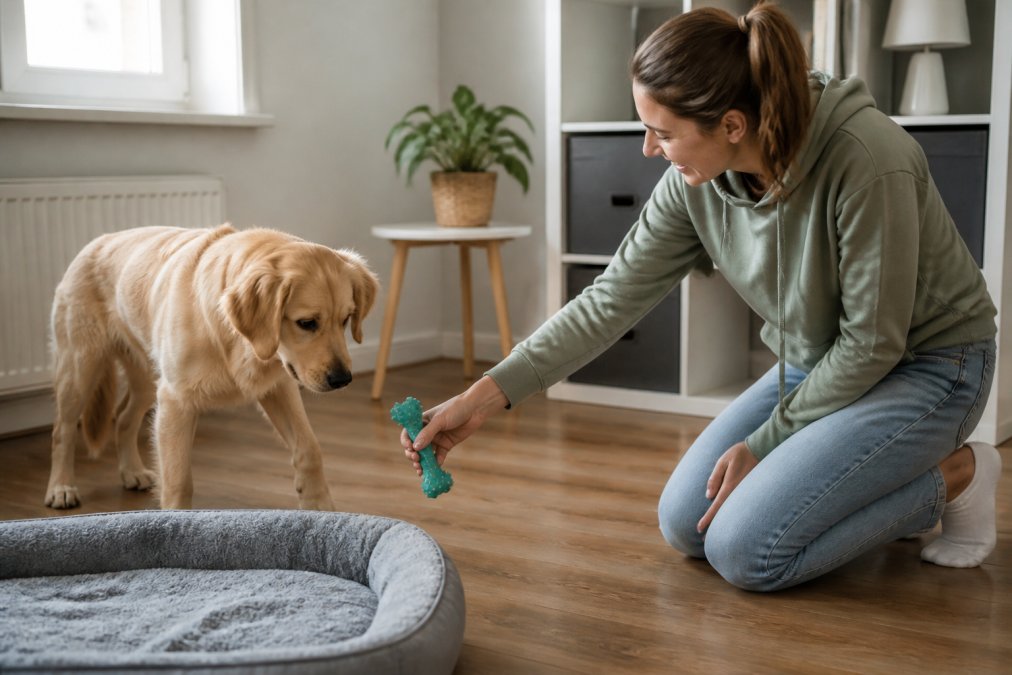 A dog owner gently redirecting their dog away from a bed toward a durable chew toy during a training session in a bright home setting, demonstrating positive behavioral training techniques
