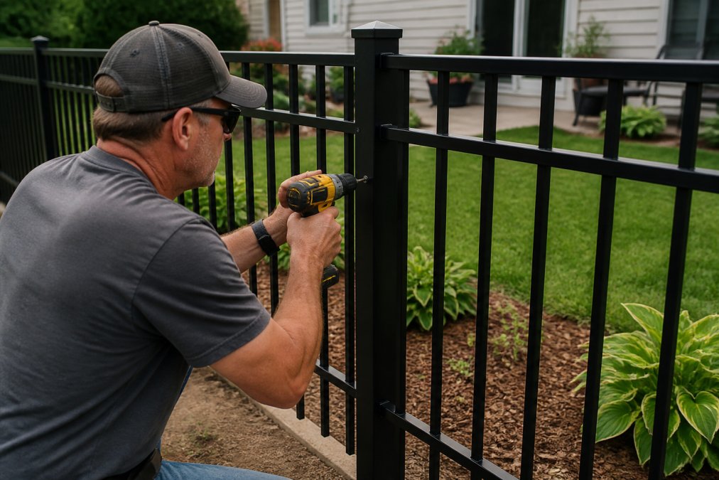 Homeowner installing pre-assembled aluminum fence panels in residential backyard, showing ease of assembly with visible fasteners and professional finish, natural daylight