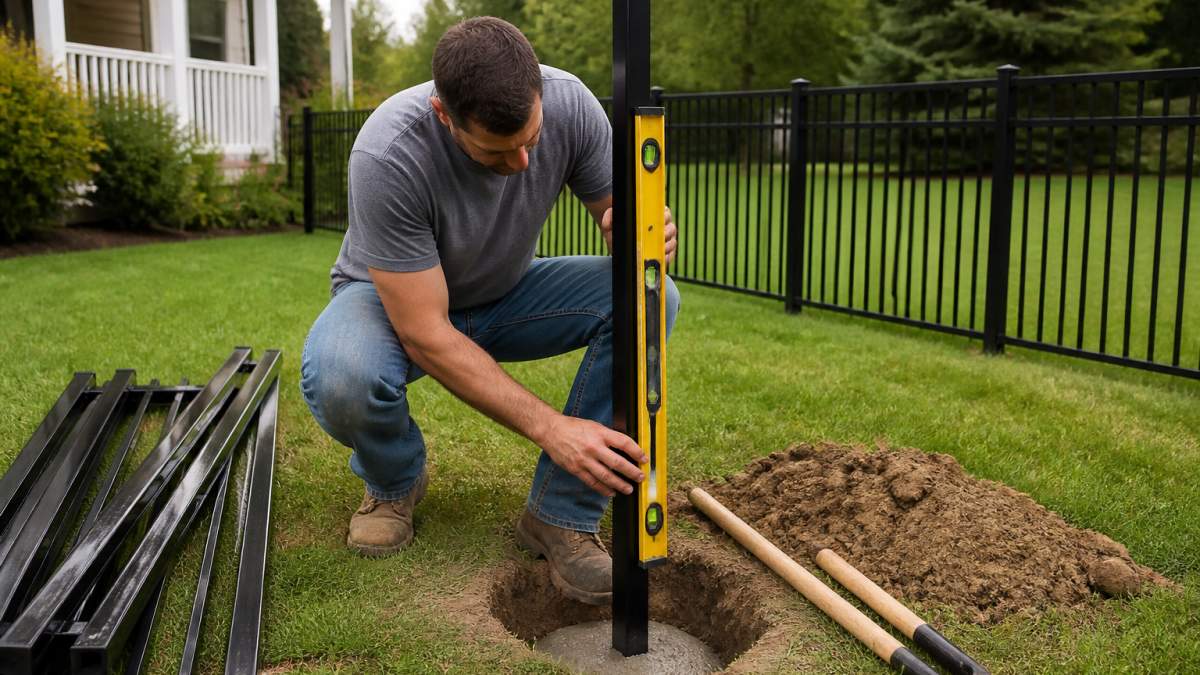A homeowner in work clothes setting a pre-assembled aluminum fence post into a concrete-filled hole in a backyard, with a level and post-hole digger nearby and a finished fence line in the background