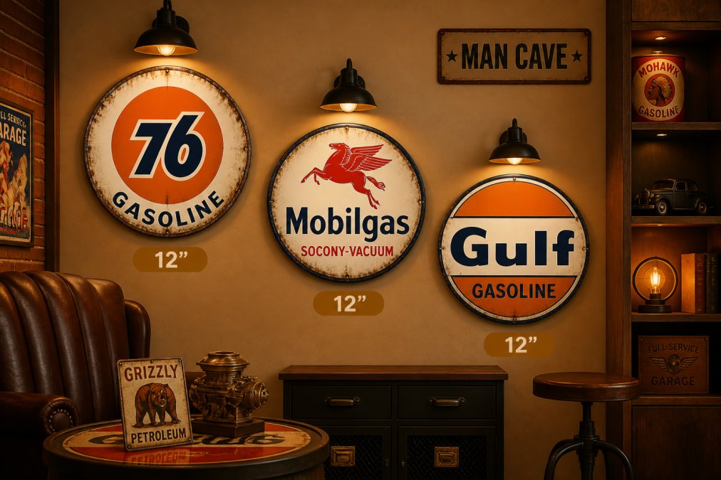 A well-decorated man cave wall featuring multiple vintage aluminum gas station signs (76, Mobilgas, Gulf) mounted at different heights with warm tungsten lighting highlighting distressed finishes and vibrant reds, blues, and yellows