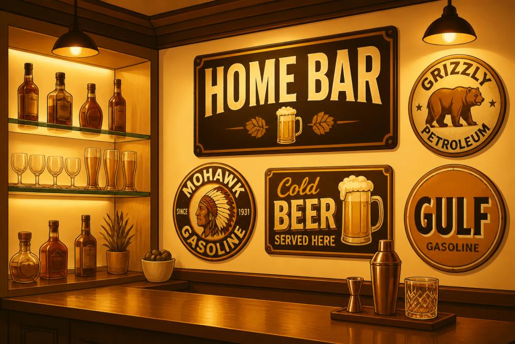 A home bar corner featuring custom aluminum signs with personalized text displaying "Home Bar" in bold lettering alongside vintage-style beer brand signs, with warm ambient lighting illuminating the signs and reflecting off glass shelving and bottles