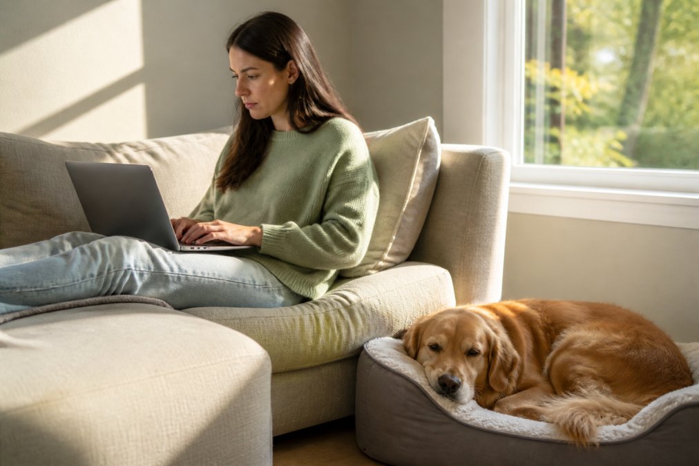 Pet owner browsing products on a laptop at home, sitting on a couch with a golden retriever resting on a cushioned pet bed beside them, natural afternoon sunlight streaming through a window