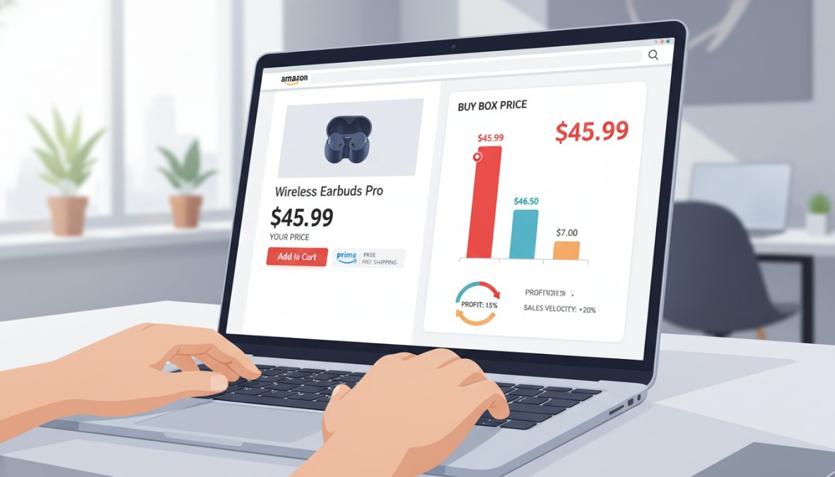 Close-up of hands typing on a laptop with an Amazon product listing visible on screen showing a price comparison interface, bright modern home office with natural window light
