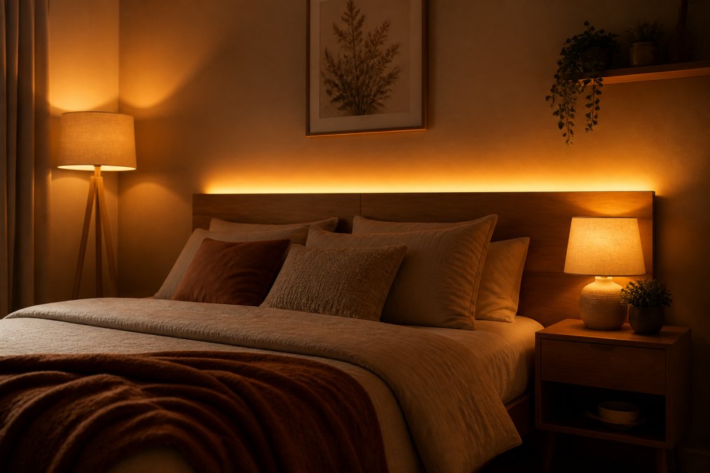 Cosy bedroom with multiple light sources creating warm layered glow: dimmable bedside lamp with warm white bulb, LED strip lights behind wooden headboard emitting soft amber light, and a floor lamp in corner with diffused shade