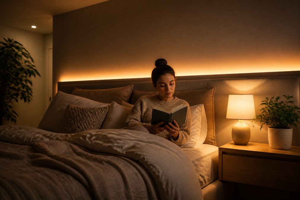 Person sitting on bed reading with layered lighting visible: warm bedside lamp on nightstand providing task light, soft LED strip lights glowing amber behind headboard, and dimmed ceiling lights creating ambient background
