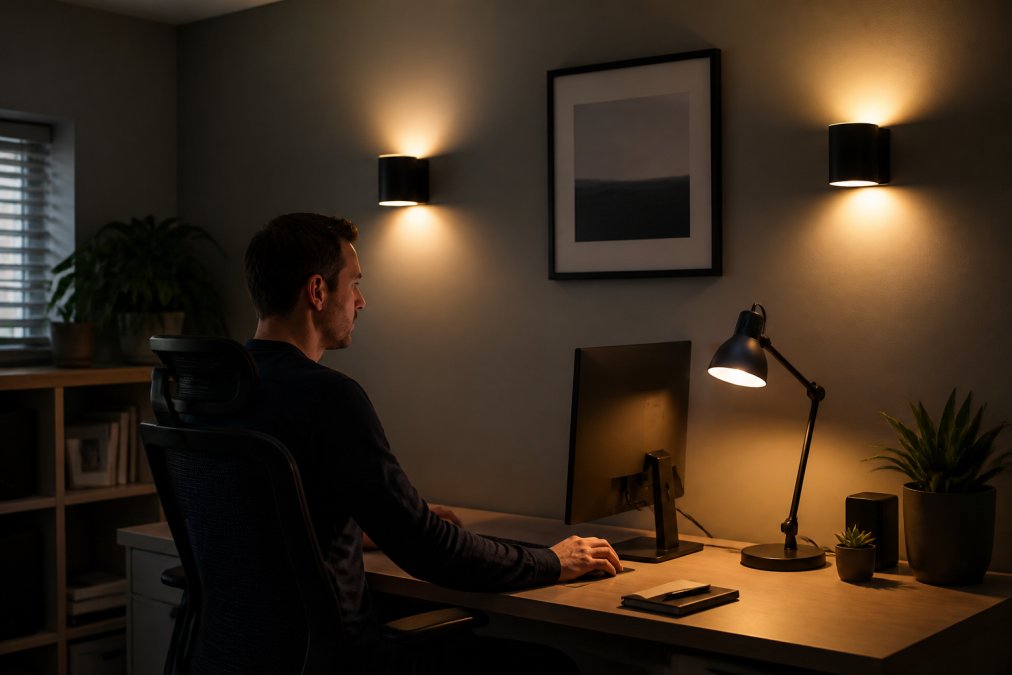 Remote worker seated at desk with layered warm lighting from desk lamp and wall sconces, creating soft pools of light across workspace, with monitor positioned to minimize reflections
