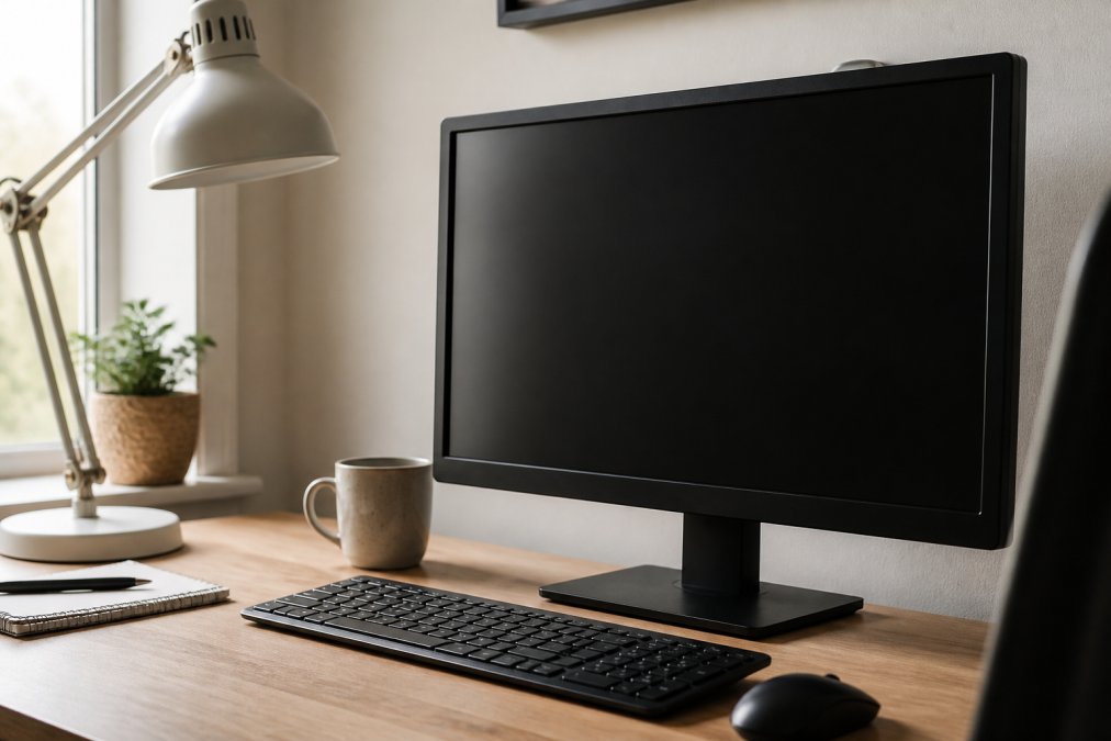 Close-up view of computer monitor with soft, diffused side lighting positioned to the left, no harsh reflections visible on screen surface, workspace bathed in even illumination