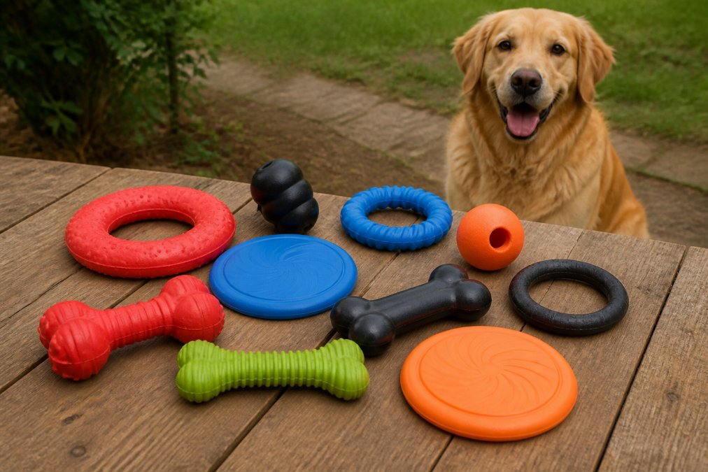 A collage-style photo of various durable dog toys (rubber rings, nylon bones, flying discs) arranged on a rustic wooden table with a happy Golden Retriever sitting nearby