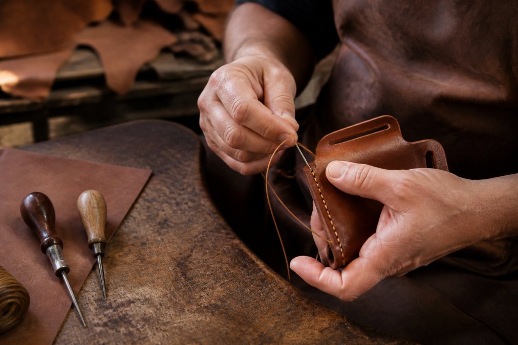 Close-up of a craftsman's hands saddle-stitching a full-grain leather holster at a worn wooden workbench, with stitching awls, waxed thread, and leather hides visible in warm workshop lighting