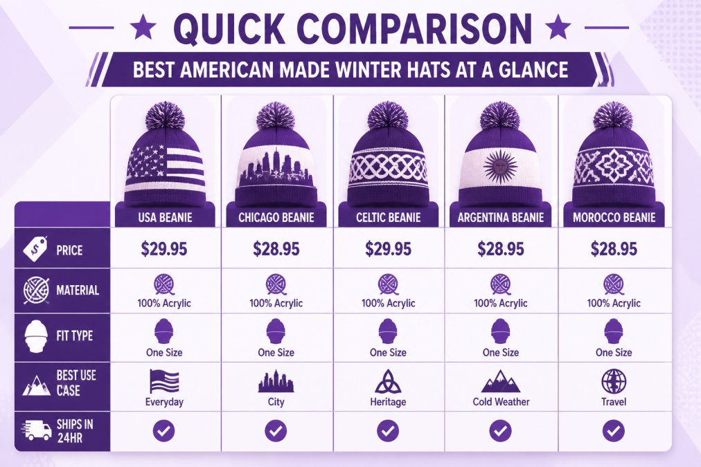 Feature comparison matrix for top 5 Crazy Beanies winter hats: USA Beanie $29.95, Chicago Beanie $28.95, Celtic Beanie $29.95, Argentina Beanie $28.95, Morocco Beanie $28.95, columns showing Price, Material, Fit Type, Best Use Case, Ships in 24hr