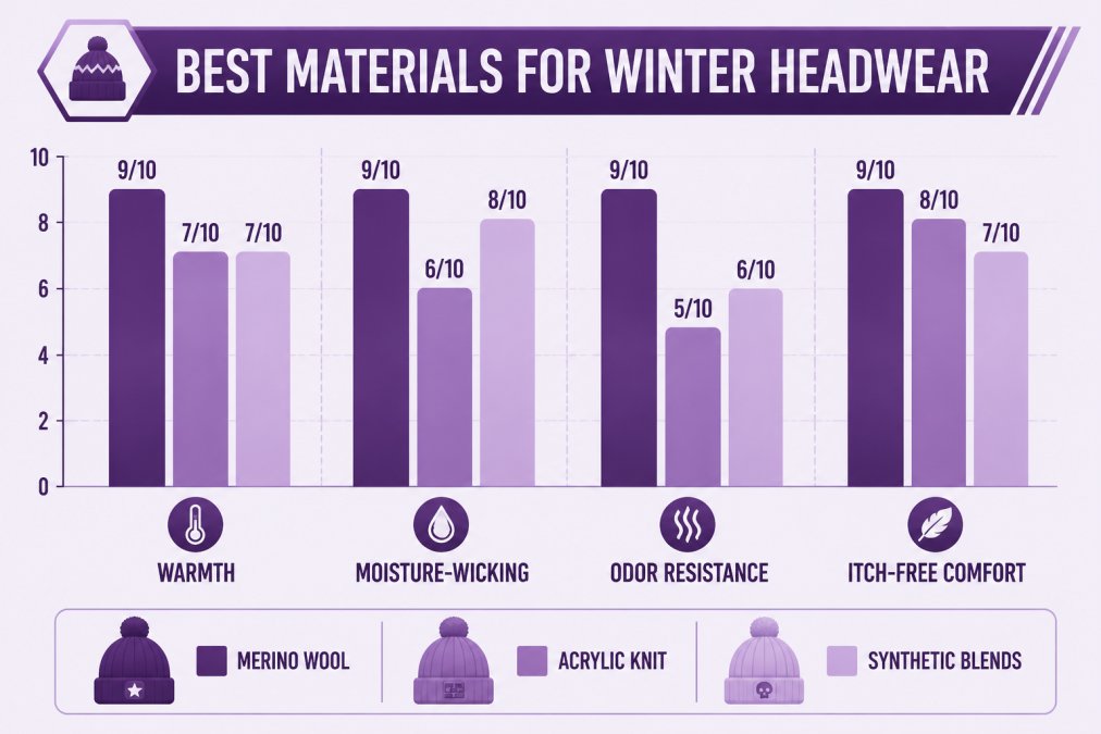 Bar chart comparing Merino Wool, Acrylic Knit, and Synthetic Blends across four dimensions: Warmth (Merino 9/10, Acrylic 7/10, Synthetic 7/10), Moisture-wicking (Merino 9/10, Acrylic 6/10, Synthetic 8/10), Odor Resistance (Merino 9/10, Acrylic 5/10, Synthetic 6/10), Itch-free Comfort (Merino 9/10, Acrylic 8/10, Synthetic 7/10)