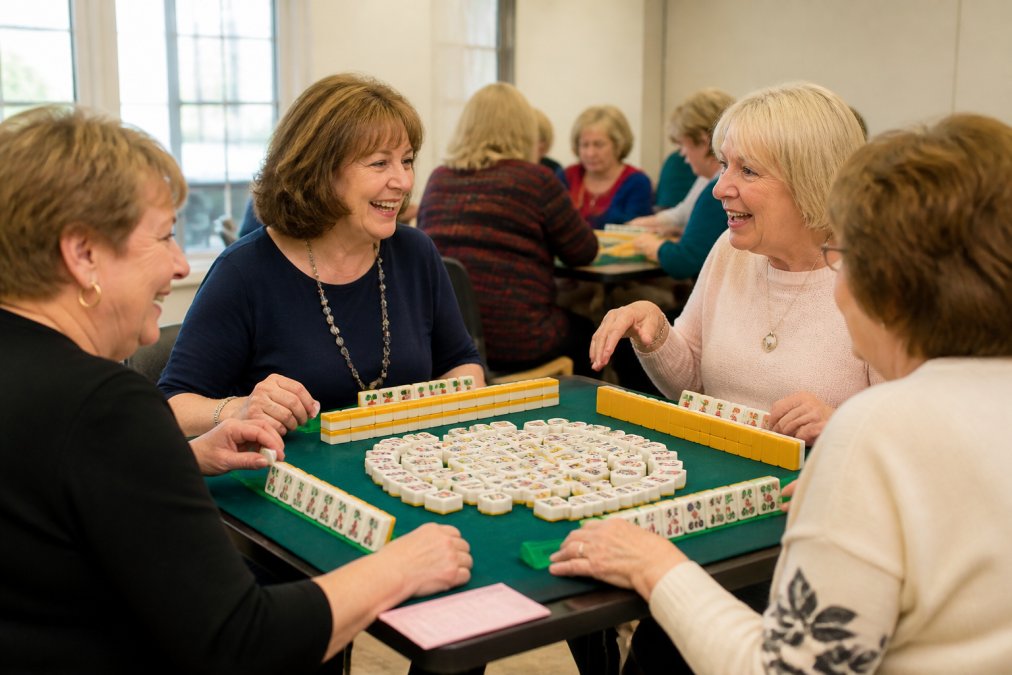 Group of mature women gathered around a mahjong table with colorful tiles spread across the surface, smiling and engaged in animated conversation during a club meeting in a bright, well-lit community room