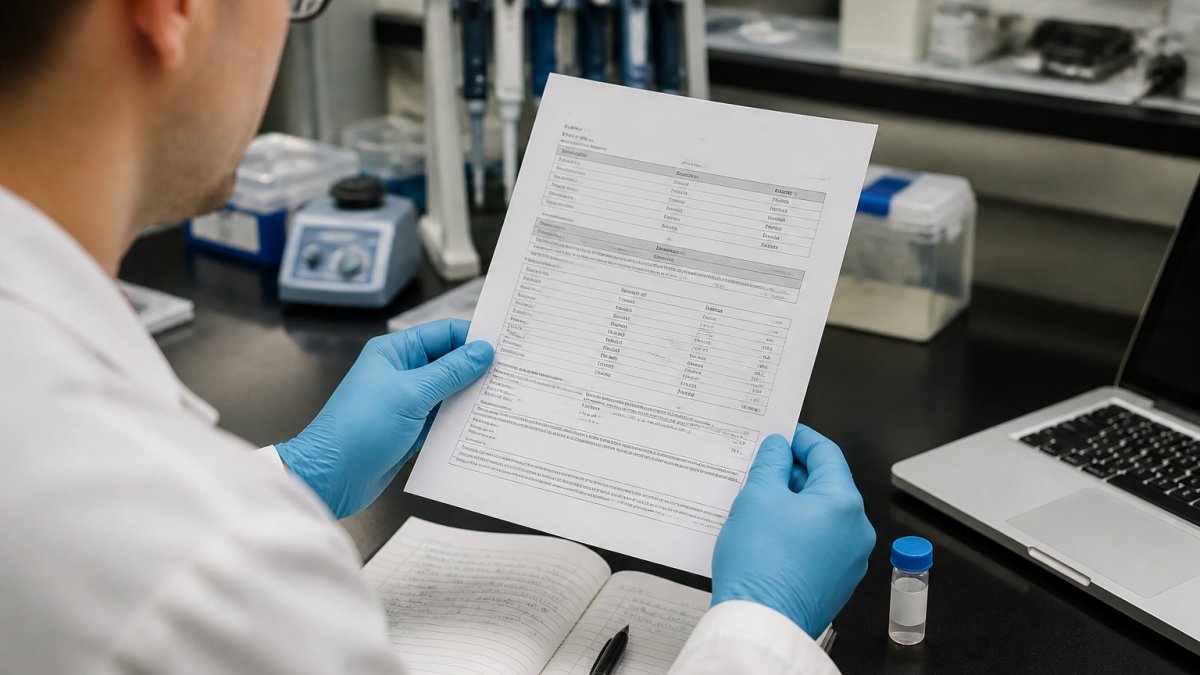 A researcher in a laboratory reviewing a printed certificate of analysis beside a laptop, with a peptide vial and lab notebook on the bench