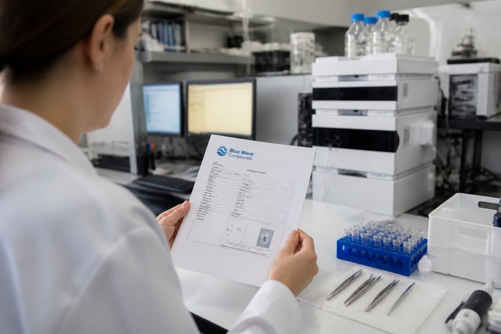 Researcher's hands holding a printed Certificate of Analysis document at a laboratory bench, with analytical equipment and computer monitors displaying test data visible in the background