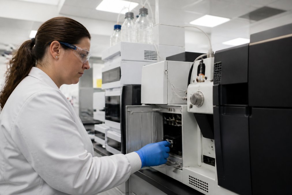Laboratory technician in protective equipment working with analytical instrumentation (HPLC or mass spectrometry equipment) in a modern, clean research facility with bright overhead lighting