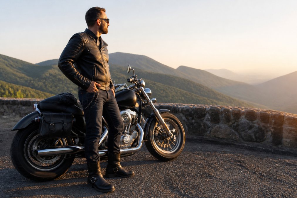 A rider in a black leather jacket and classic harness boots standing beside a cruiser motorcycle on a scenic highway overlook at golden hour