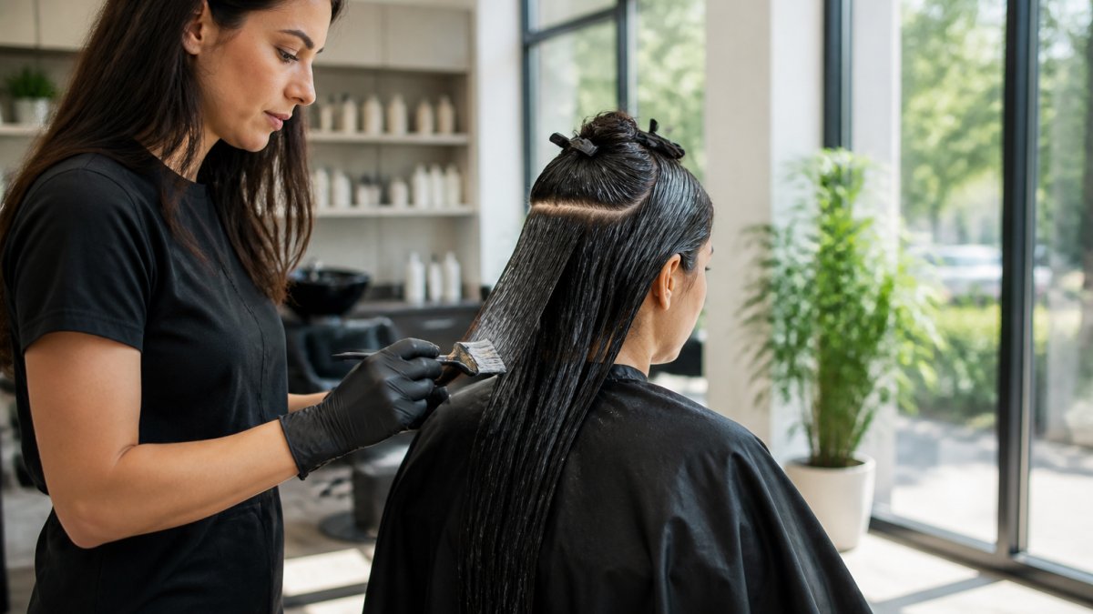 Professional stylist applying ammonia-free hair smoothing treatment to client's hair in modern salon with excellent ventilation and natural lighting, showing careful sectioning technique