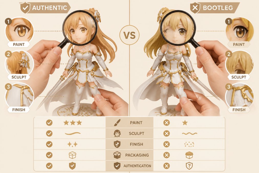 Close-up of a collector's hands examining an anime figure with a magnifying glass, inspecting paint application details and sculpted features under bright white studio lighting, comparing authentic and bootleg samples side by side on a white surface