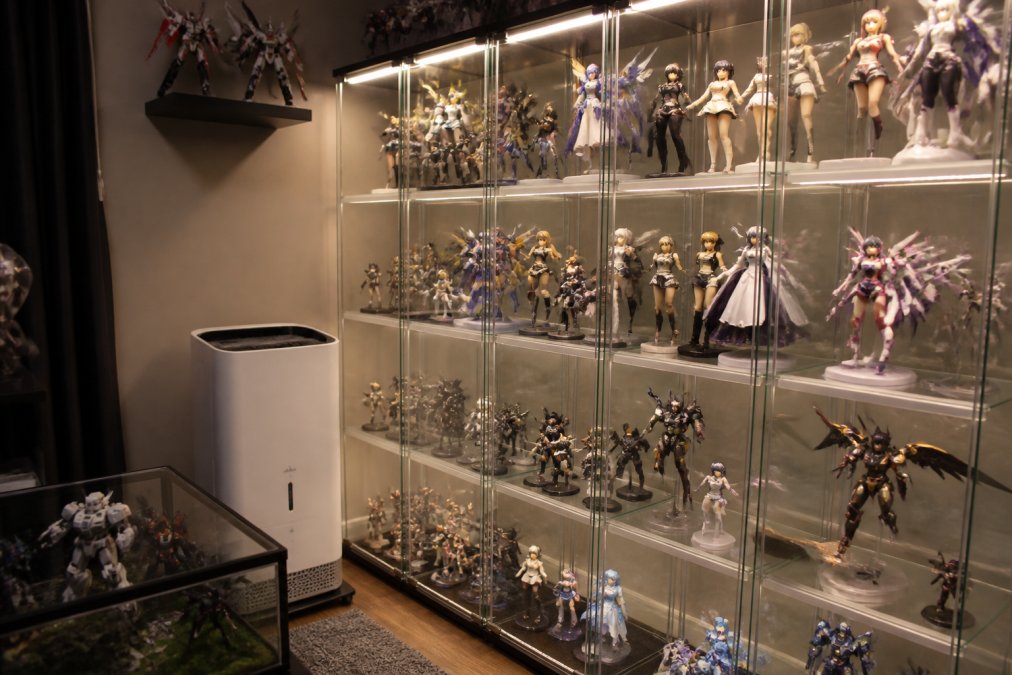 A well-organized display case with multiple anime figures arranged on shelves with proper lighting, protective dust covers, and visible climate control setup in a collector's room