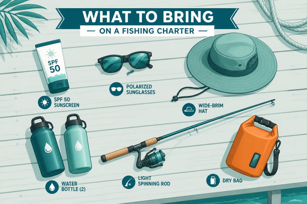 Flat lay of fishing charter essentials arranged on weathered dock planks: SPF 50 sunscreen, polarized sunglasses, a wide-brim hat, two stainless water bottles, a light spinning rod, and a small orange dry bag, warm morning light