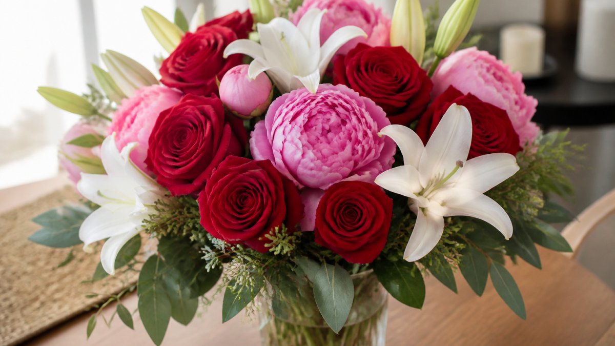 Close-up photo of a vibrant anniversary bouquet with red roses, pink peonies and white lilies in a clear glass vase on a wooden table, soft window light