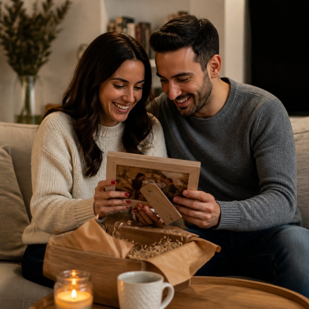 Couple smiling while unwrapping a personalized wooden photo frame on a sofa with cozy home accessories nearby