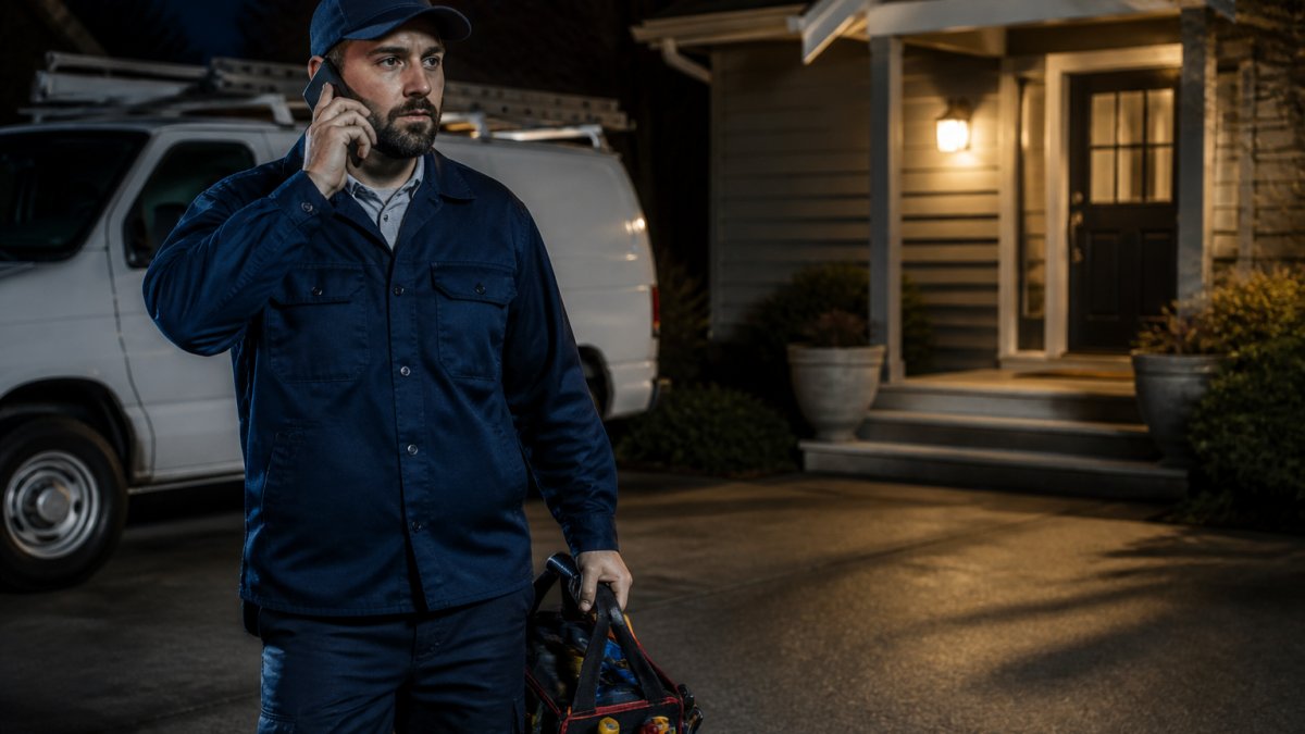 An HVAC technician in uniform on a nighttime emergency service call, holding a phone to his ear with a service van and lit house entrance in the background