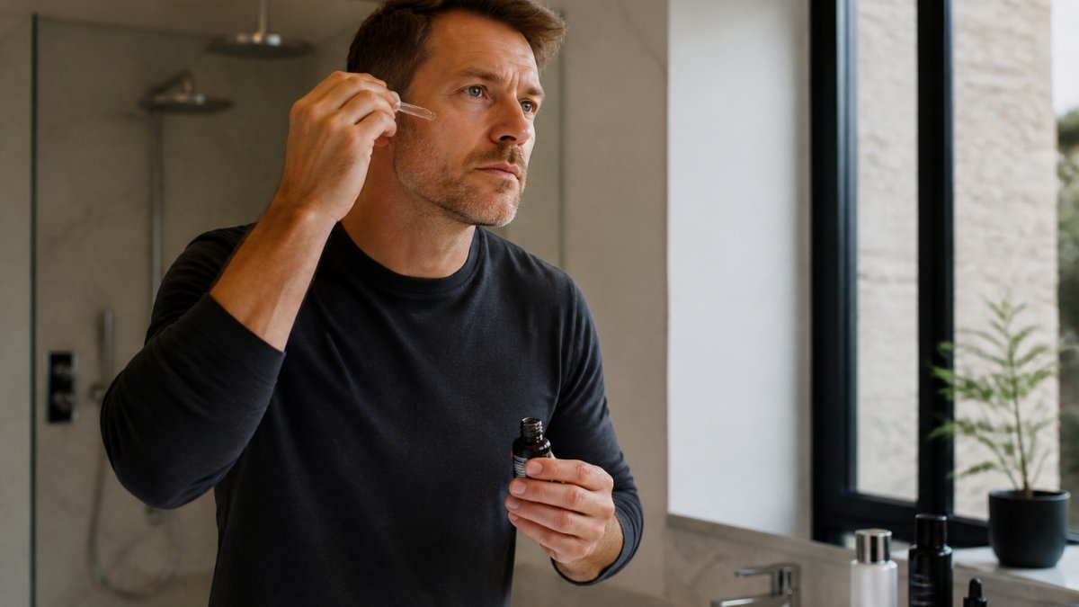 Professional man in modern bathroom applying skincare serum to face, demonstrating proper technique with natural morning light