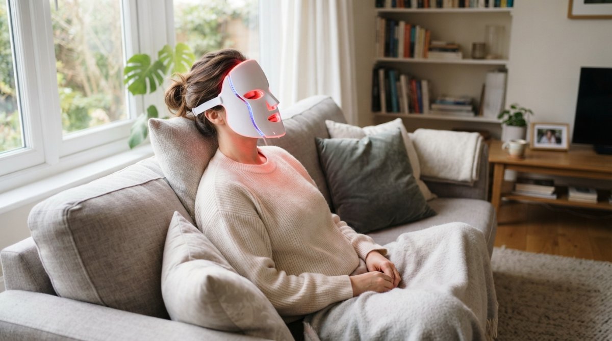 Woman relaxing on a sofa wearing a white LED light therapy mask, one of many popular anti aging devices.