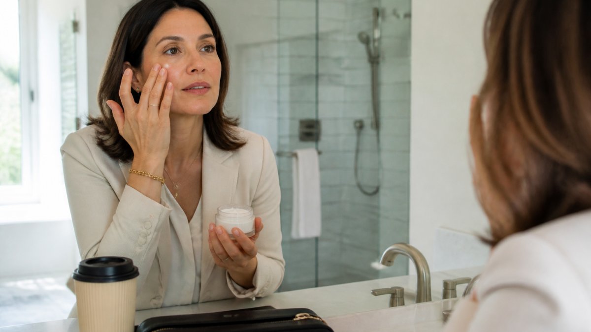 Woman in her 40s applying moisturizing face cream in a bright bathroom before starting her workday