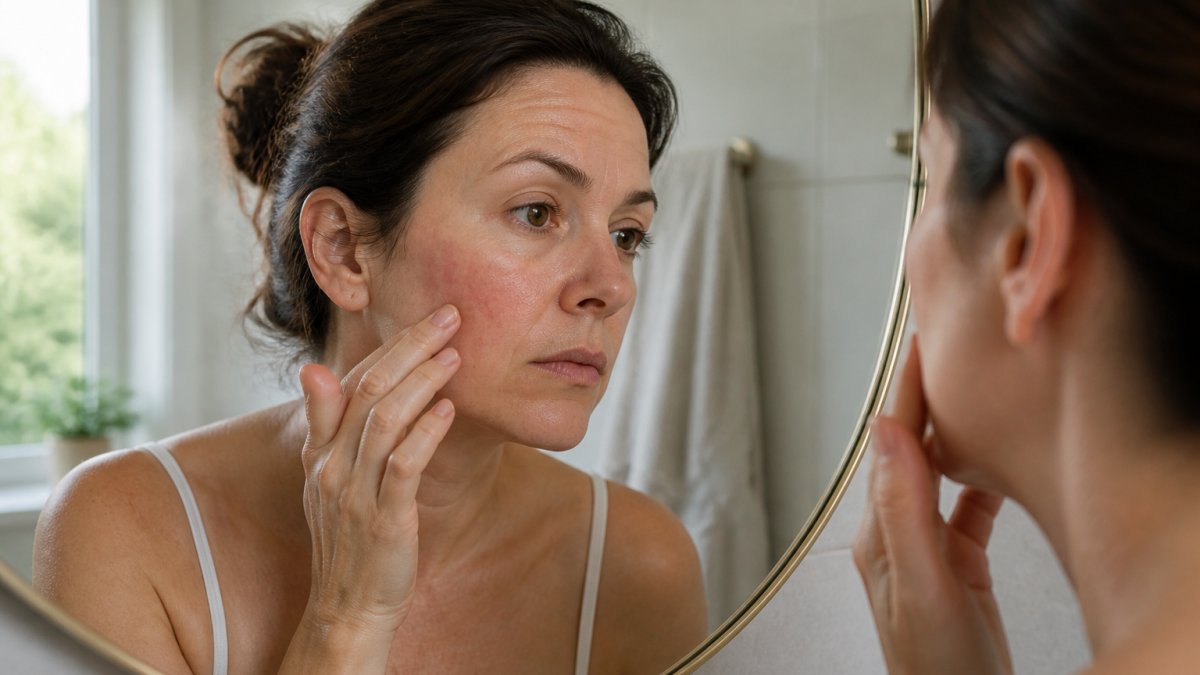 Close-up of a woman in her forties examining redness on her cheek in a bathroom mirror under soft morning light