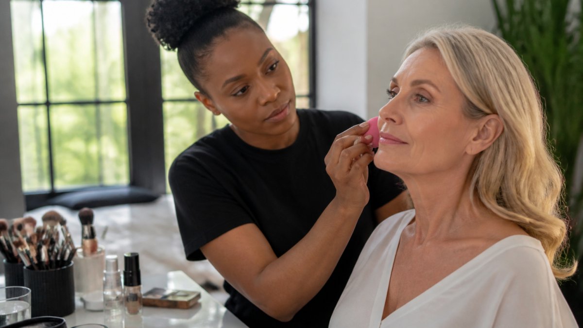 Professional demonstrating anti-aging makeup application technique on mature woman's face, using damp beauty sponge for blending foundation around cheekbones and jawline in bright natural light