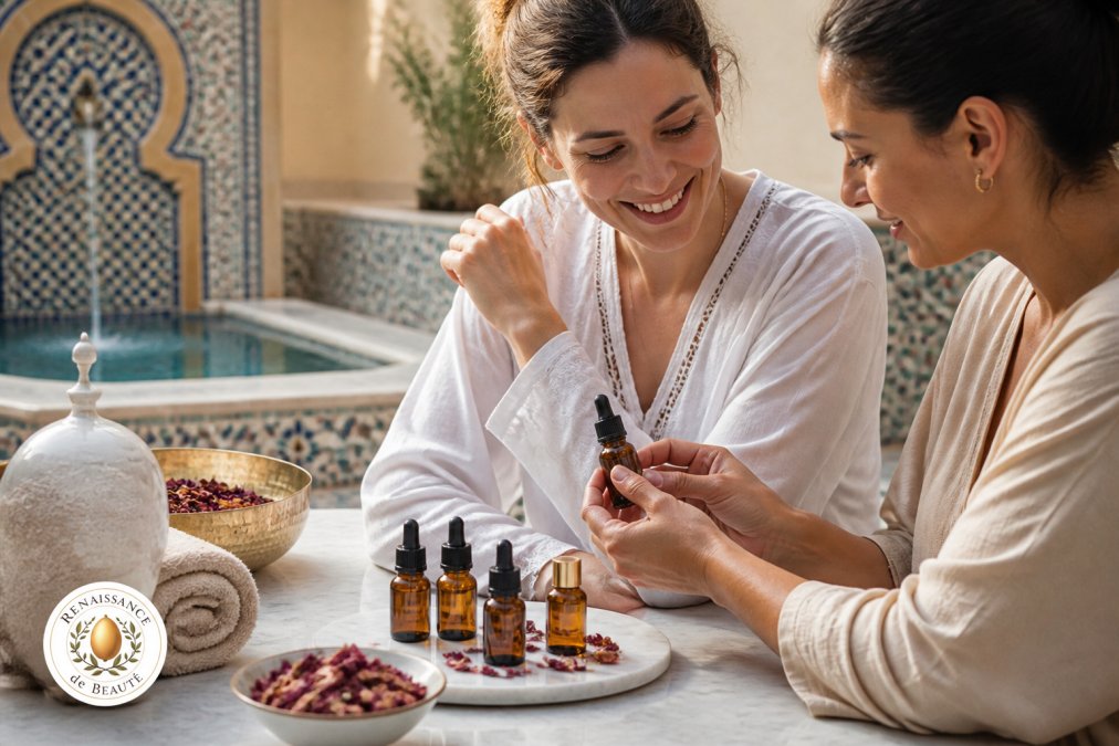 Flat lay of several small amber glass dropper bottles of facial oil arranged on a white marble surface with dried rose petals and dried botanicals nearby, soft natural window light casting gentle shadows