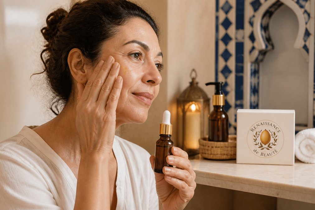 Close-up of a woman's hands gently pressing a few drops of golden facial oil onto her cheekbone in a softly lit bathroom, warm ambient light, clean marble countertop visible in the background
