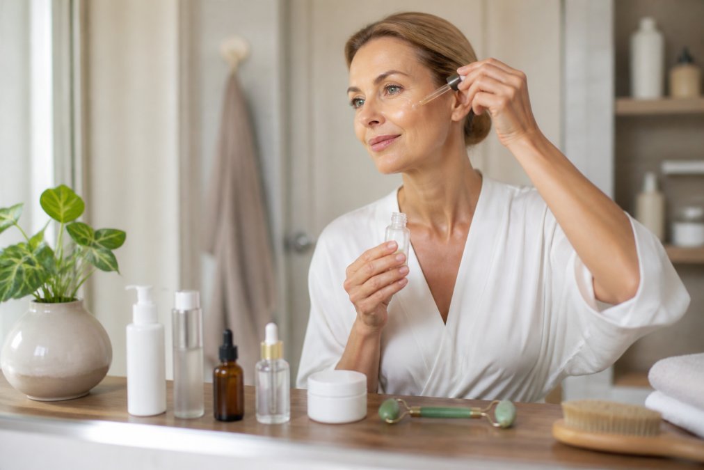 A woman in her late 40s with glowing skin stands at a bathroom vanity, applying serum to her face with a dropper, surrounded by neatly arranged skincare bottles and a jade roller