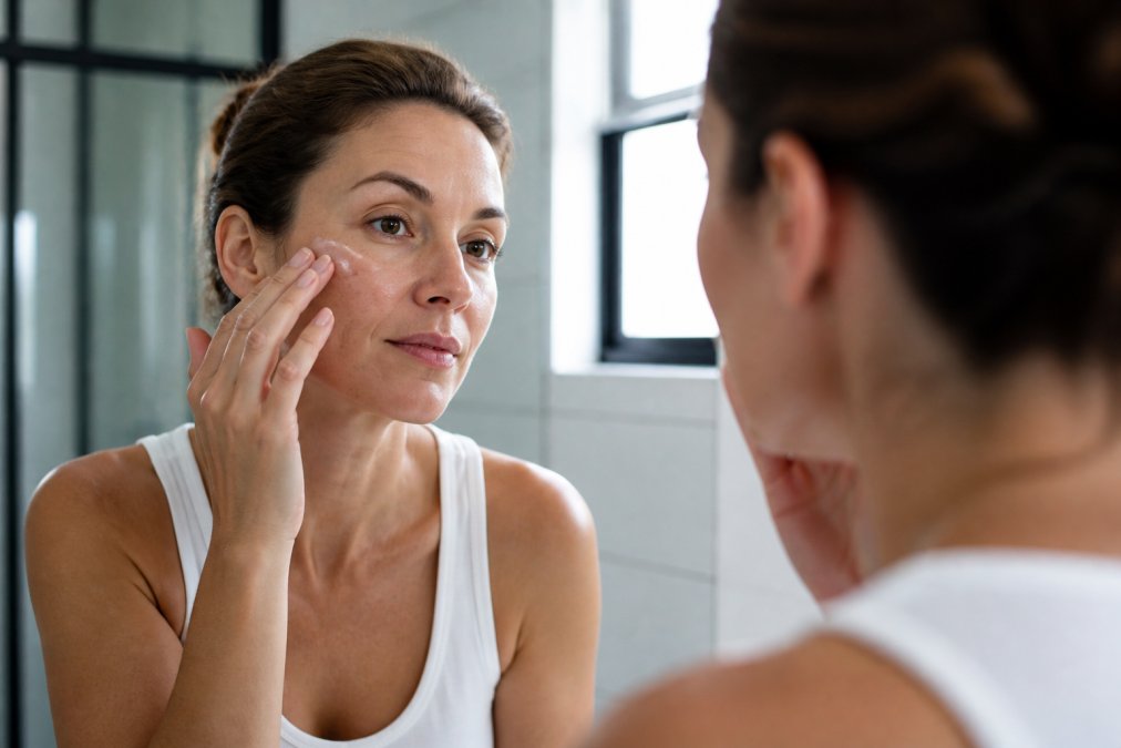A woman in her 40s applying a drop of face serum to her cheek with her fingertip, looking into a bathroom mirror with natural light, focused expression