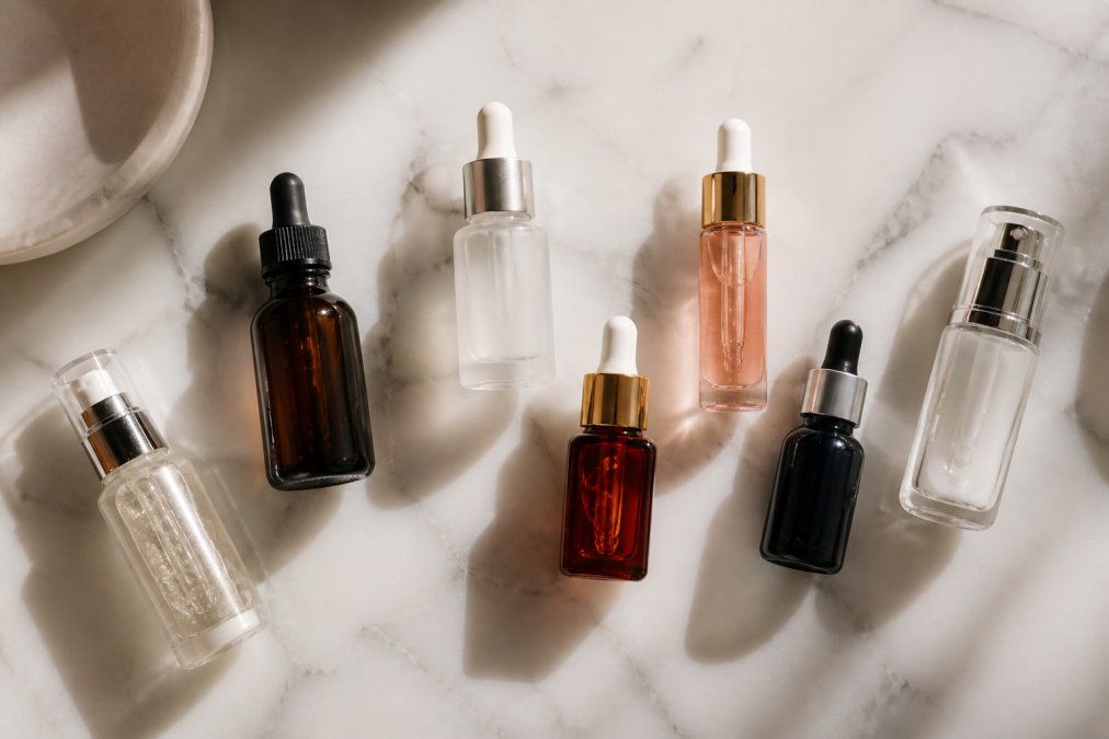 Flat lay of seven elegant skincare serum bottles in varying sizes and packaging styles arranged on a clean white marble surface with soft natural diffused natural light casting gentle shadows