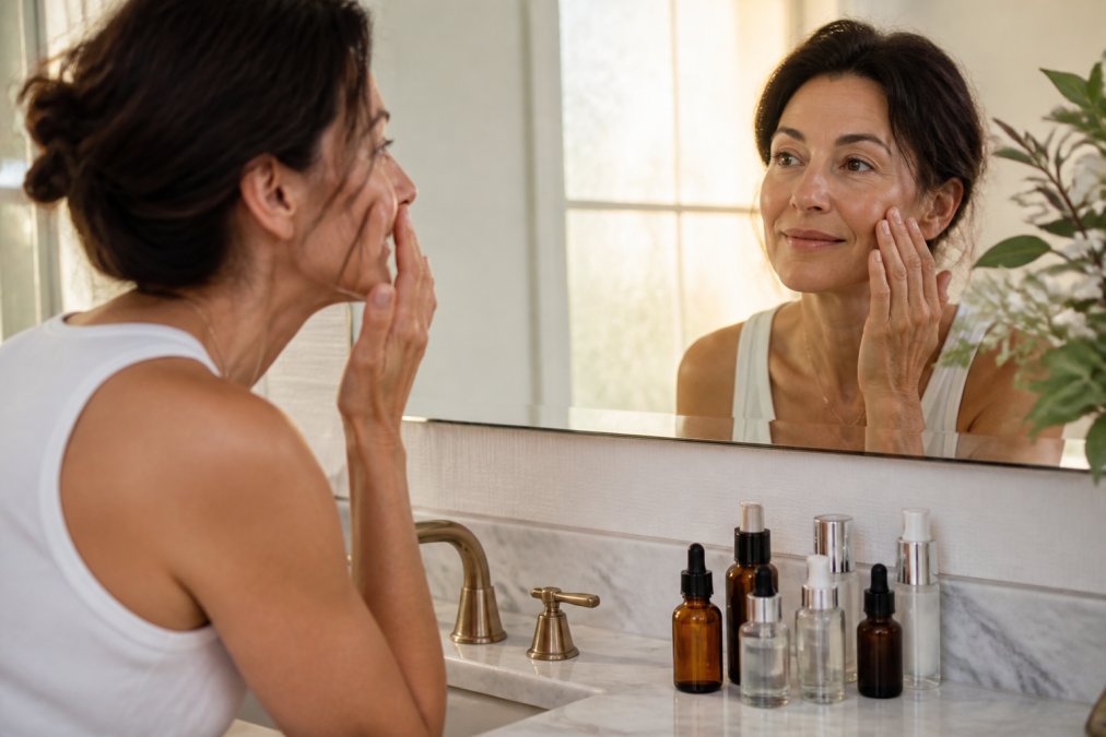 A woman in her mid-40s gently pressing a serum into her cheek in front of a well-lit bathroom mirror, several neatly arranged skincare bottles visible on the marble counter beside her, warm morning light streaming through a frosted window