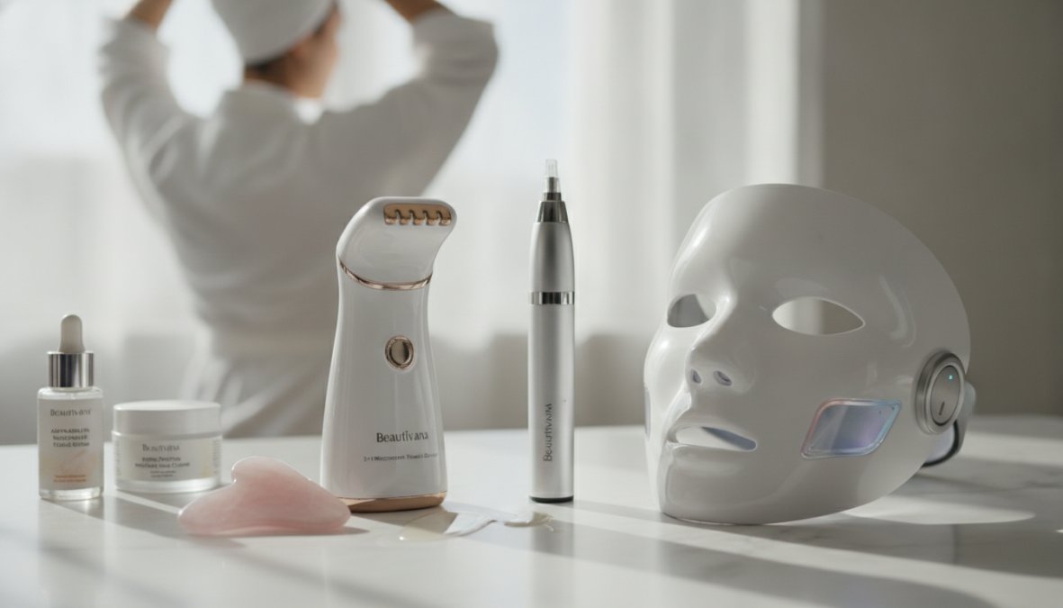 Woman in her 40s examining various beauty devices including a microcurrent wand, LED mask, and facial roller arranged on a clean white vanity with soft natural lighting