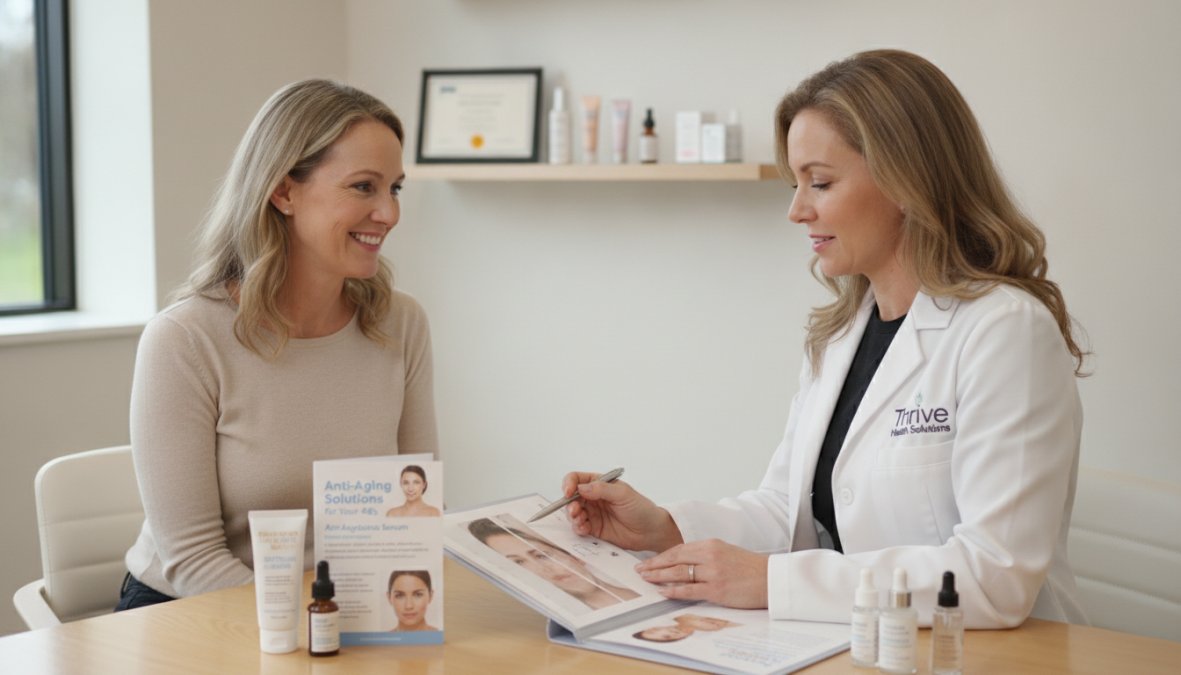 Aesthetic professional consulting with a 40-something woman in modern medical office, reviewing facial analysis and treatment options on tablet