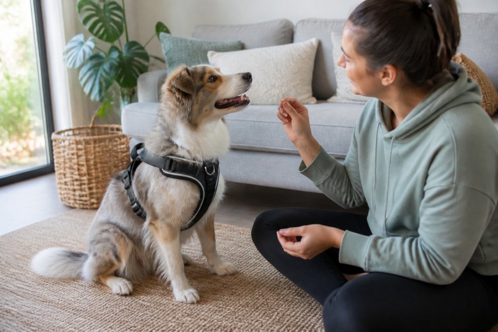 A calm dog wearing a padded anti anxiety harness sits beside an owner offering a treat in a bright living room.