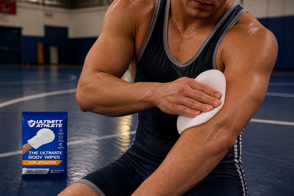 Close-up of a wrestler using an antibacterial wipe on their arm immediately after a match, showing proper technique with focused skin contact and visible moisture on the wipe
