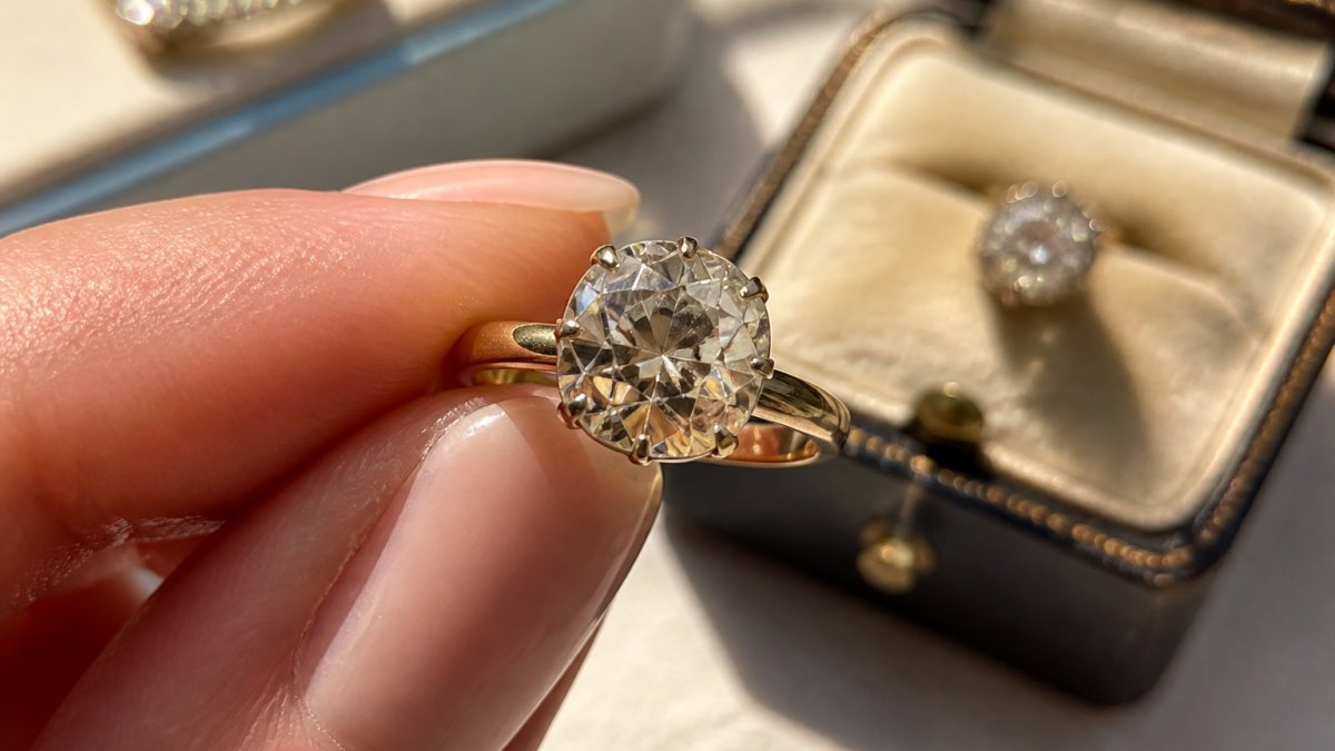 Close-up of an antique old mine cut diamond solitaire ring held in natural sunlight, showing warm fire and chunky facets characteristic of hand-cut vintage stones, with soft jewellery display background