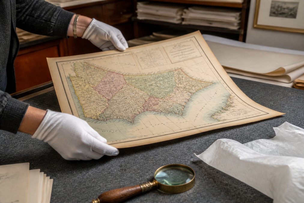 Curator in white gloves examining an 1851 map at one of our antique print shops using a magnifying glass and tissue.
