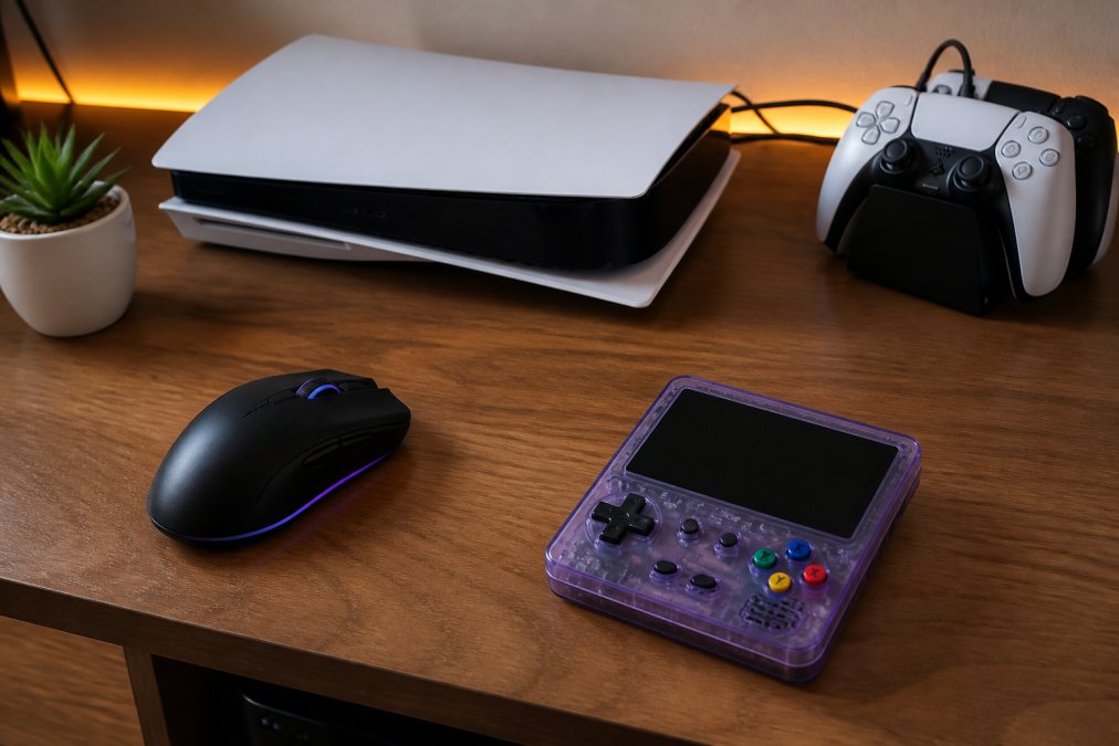 A clean desk setup displaying a gaming wireless mouse, gaming console, and retro handheld device arranged with proper lighting and organization