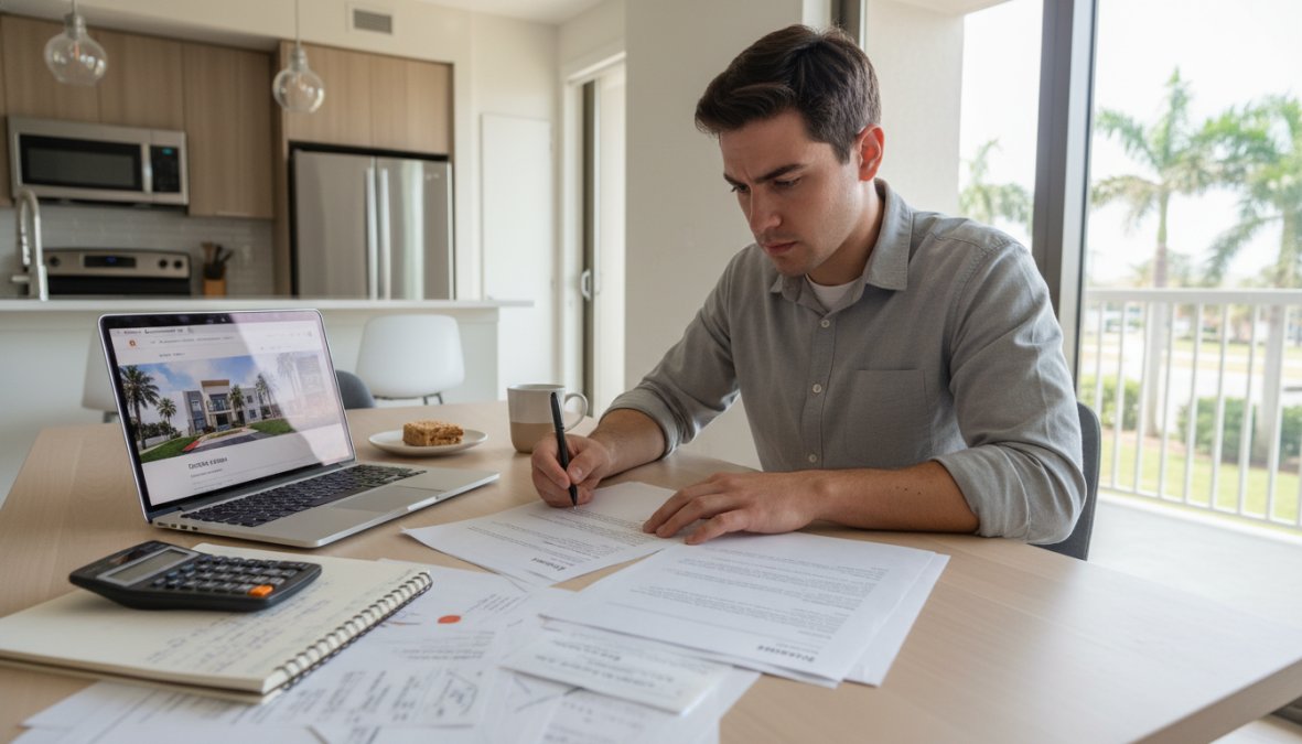 A person in their late 30s sitting at a light wood kitchen table in a modern apartment, reviewing a printed rental lease agreement with a pen in hand, a laptop open showing an apartment listing website, warm afternoon light coming through a nearby window