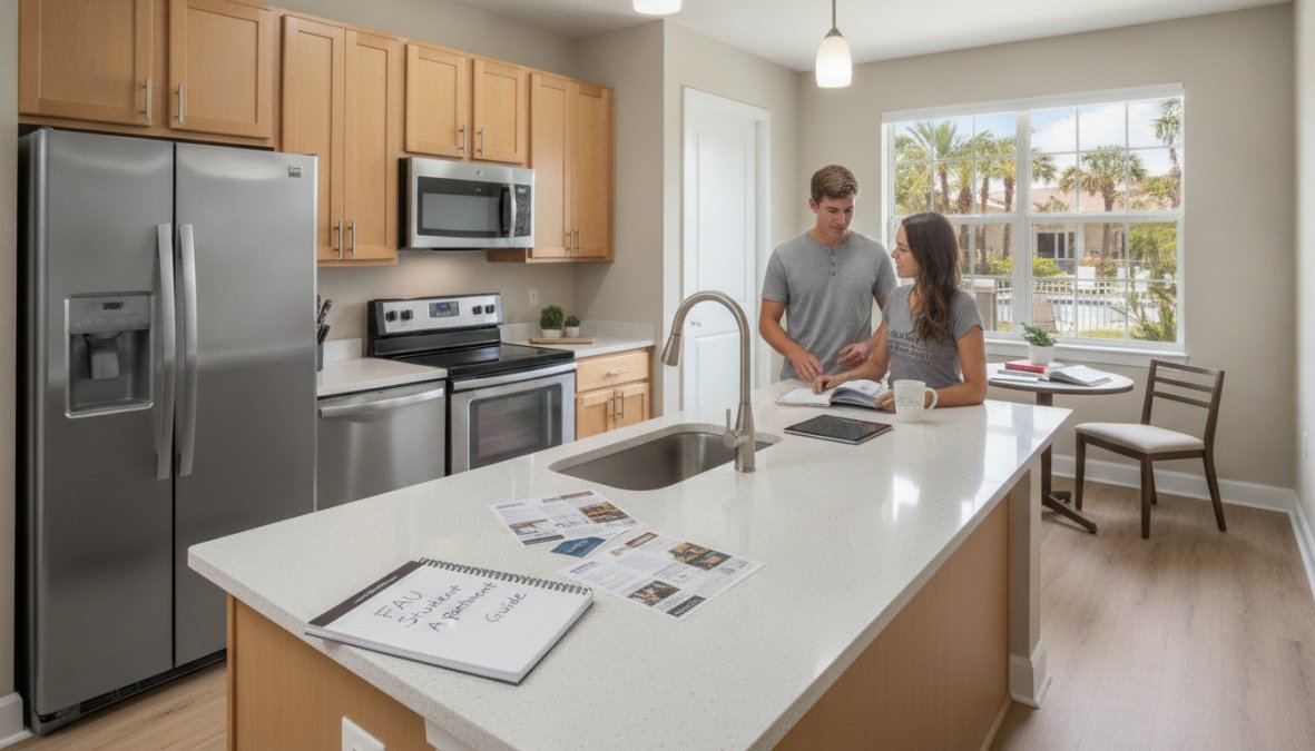 Best Apartments for FAU Students: 2026 Guide 1 Modern apartment living room with stainless steel appliances, quartz countertops, large windows overlooking lush landscaped grounds and resort-style pool area