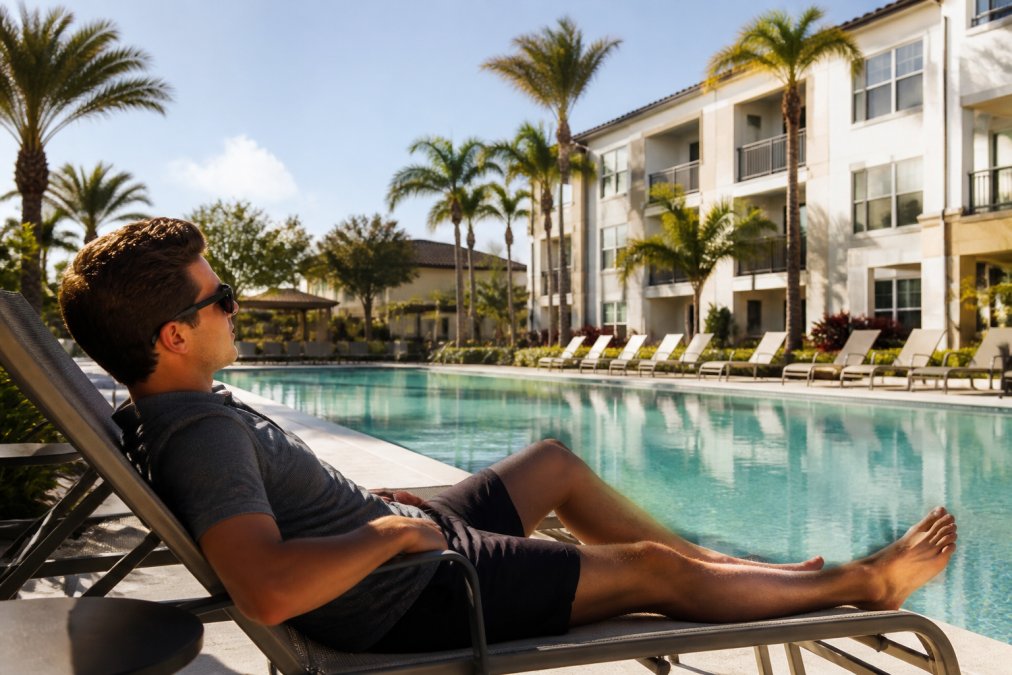 Young professional relaxing on a lounge chair by a resort-style pool at a modern apartment complex, with palm trees and landscaped grounds visible in the background, natural afternoon sunlight